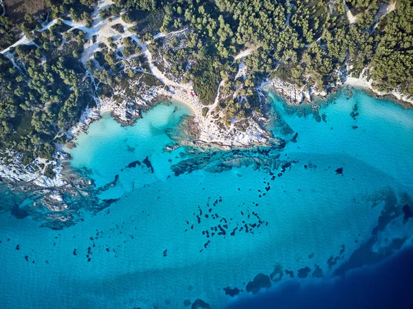 Praia Bonita Costa Rochosa Vista Aérea Superior Drone Shot Sithonia — Fotografia de Stock
