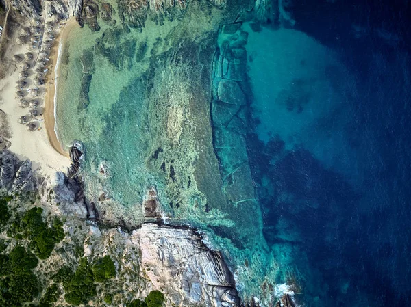 Beautiful Beach Rocky Coastline Top Aerial View Drone Shot Sithonia — Stock Photo, Image