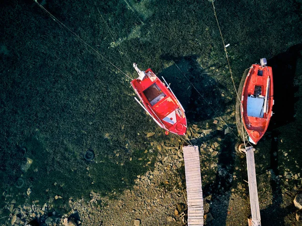Holzsteg Mit Fischerbooten Top Luftbild Drohnenschuss Sithonia Griechenland — Stockfoto