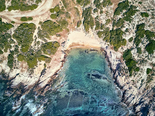 Praia Bonita Costa Rochosa Vista Aérea Superior Drone Shot Sithonia — Fotografia de Stock