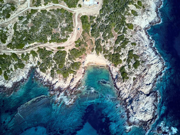 Krásné Pláže Skalnaté Pobřeží Top Letecké Zobrazit Dron Výstřel Sithonia — Stock fotografie