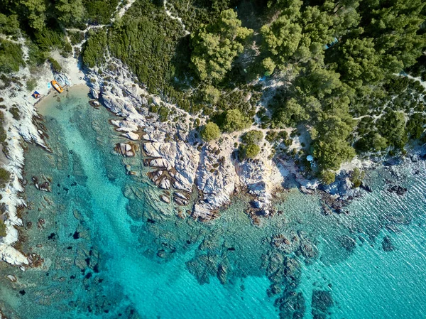 Beautiful Beach Rocky Coastline Top Aerial View Drone Shot Sithonia — Stock Photo, Image