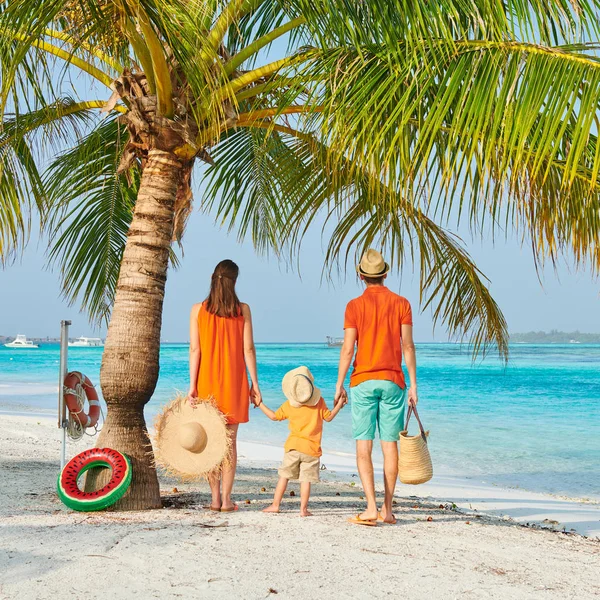 Family of three on beach under palm tree — Stock Photo, Image