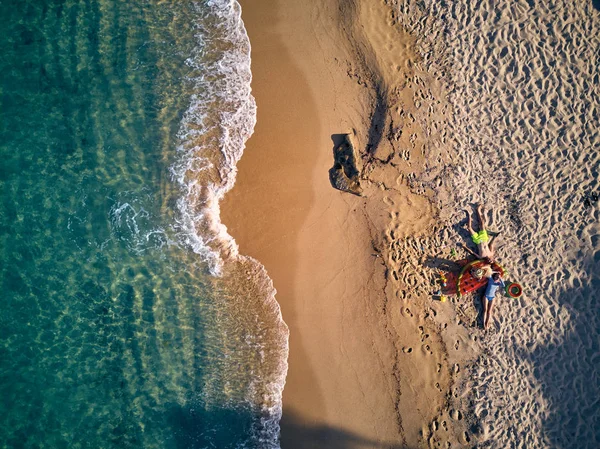 Beautiful beach with family top view shot — Stock Photo, Image