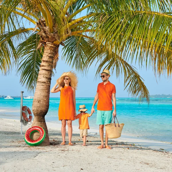 Family of three on beach under palm tree