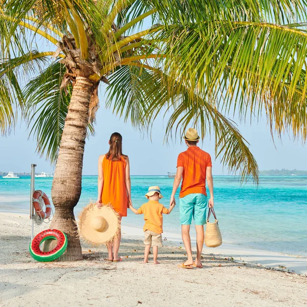 Family of three on beach under palm tree — Stock Photo, Image