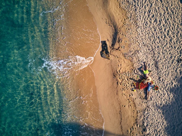 Beautiful Beach Family Top Aerial View Drone Shot Sithonia Greece — Stock Photo, Image