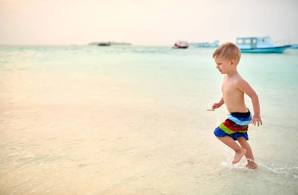 夕暮れ時のビーチで 歳の幼児の少年 夏家族でモルディブでの休暇 — ストック写真