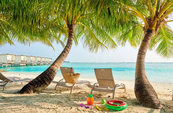 Тропический Пляж Шезлонгами Пальмами Летние Каникулы Мальдивах — стоковое фото