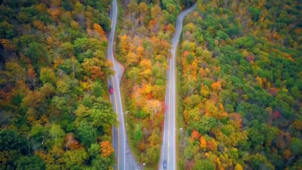 Mohawk Trail Hairpin Turn Autumn Aerial Shot Massachusetts — Vídeos de Stock