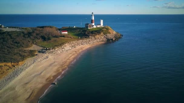 Montauk Farol Praia Tiro Aéreo Long Island Nova York Eua — Vídeo de Stock