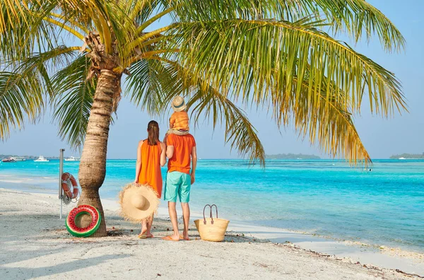 Семья из трех человек на пляже под пальмой — стоковое фото