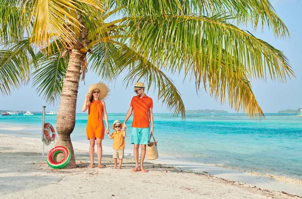 Família de três na praia sob palmeira — Fotografia de Stock