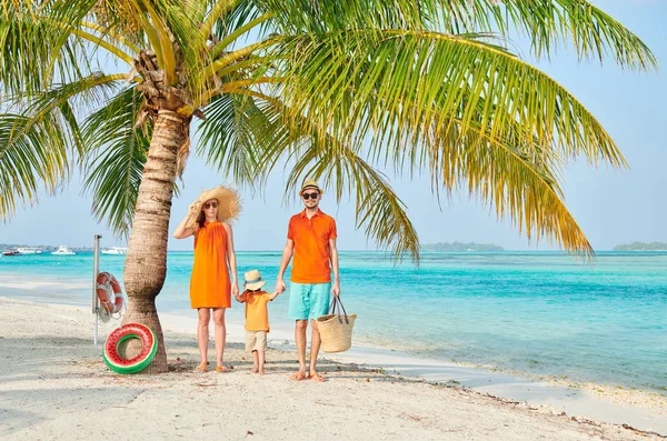 Família de três na praia sob palmeira — Fotografia de Stock