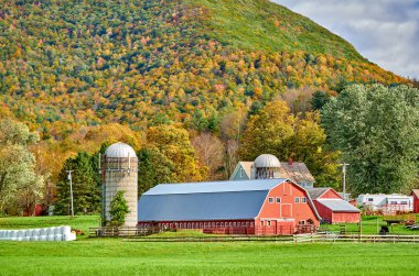 Vermont 'ta kırmızı ahır ve siloları olan bir çiftlik.