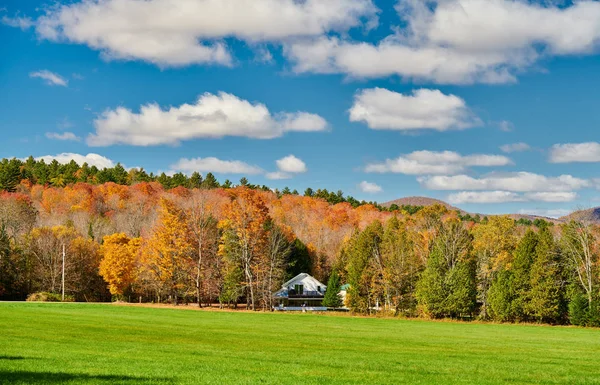 Podzimní krajina s domem v lese — Stock fotografie