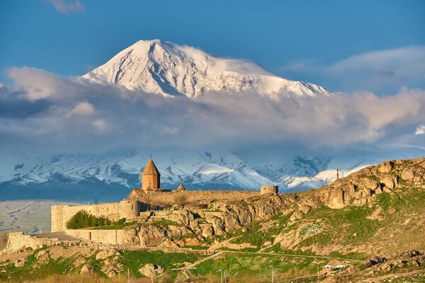 Ancient monastery in front of mountain