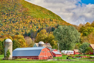 Vermont 'ta kırmızı ahır ve siloları olan bir çiftlik.