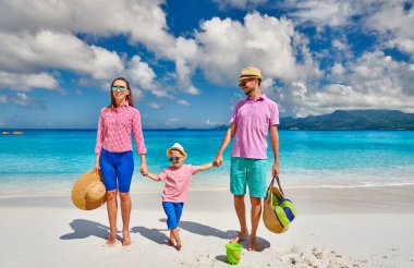 Güzel Anse Soleil plajında bir aile, üç yaşında bir çocuğu olan genç bir çift. Seyşeller 'de yaz tatili, Mahe..