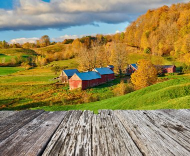 Vermont, ABD 'de güneşli bir sonbahar sabahında ahırı olan Jenne Çiftliği