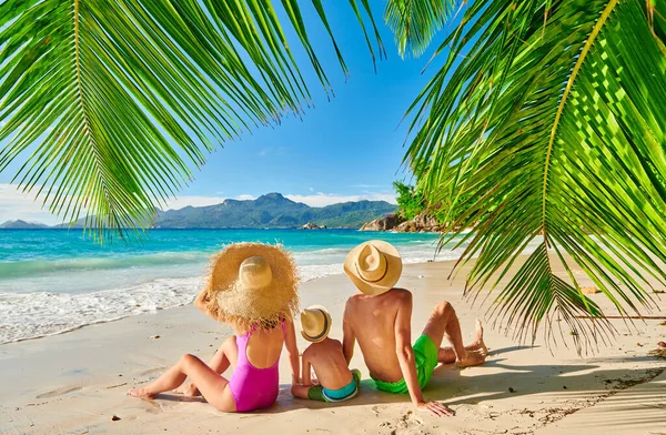 ヤシの木 3歳の幼児の少年と若いカップルと美しいAnse Soleilビーチの家族 セーシェルでの夏休み — ストック写真