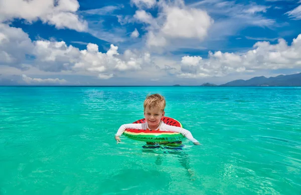 Three Year Old Toddler Boy Beach Seychelles Swimming Inflatable Ring — Stock Photo, Image