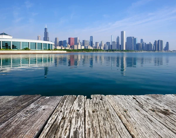 Chicago Skyline Morning Old Wooden Pier — Stock Photo, Image