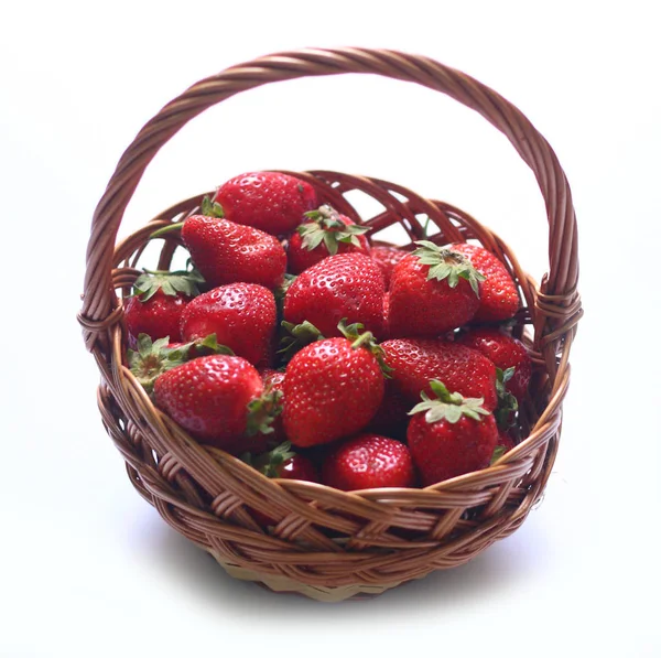 Strawberry Wooden Basket White Background — Stock Photo, Image