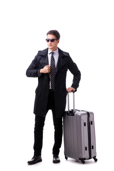 若いビジネスマンスーツケース白のビジネス旅行の準備ができている — ストック写真