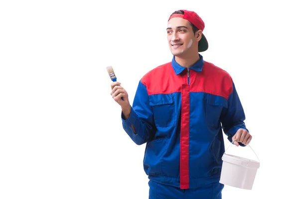 Jovem pintor contratado isolado no fundo branco — Fotografia de Stock