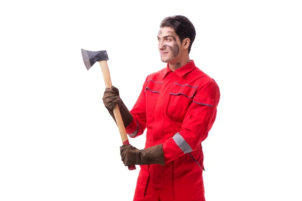 Contractor employee with axe on white background — Stock Photo, Image