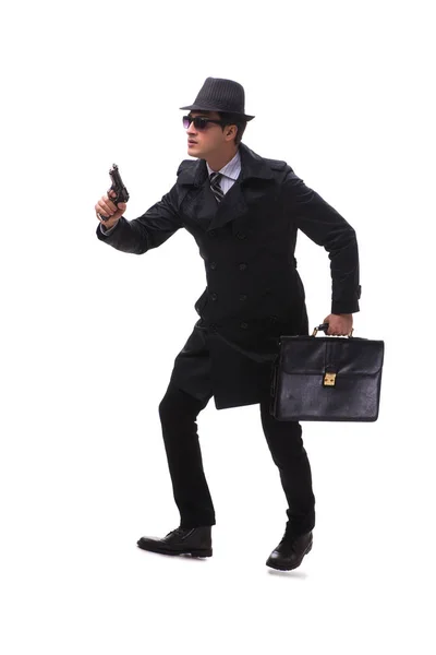 Człowiek szpieg z pistolet odizolowany na białym tle — Zdjęcie stockowe