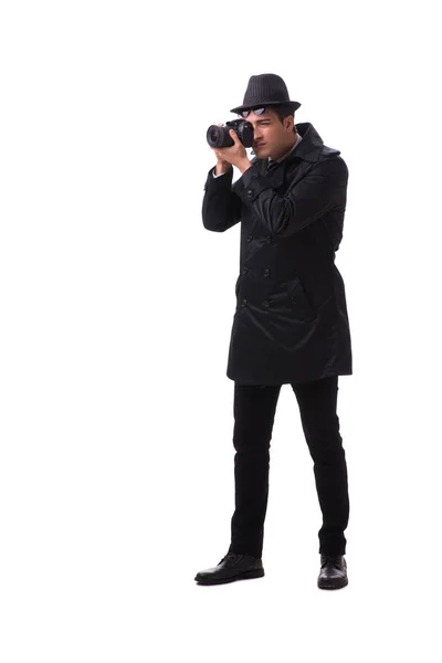 Spy with camera taking pictures isolated on white — Stock Photo, Image