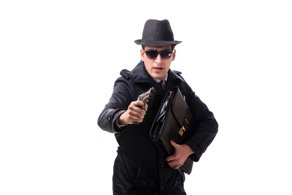 Férfi kém pisztollyal elszigetelt fehér háttér — Stock Fotó