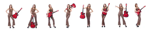 Woman in leopard clothing on white with guitar — Stock Photo, Image