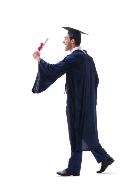 Öğrenci üzerinde beyaz izole onun mezuniyet töreninde heyecanlı