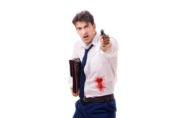 Uomo d'affari ferito in sparatoria isolato su bianco — Foto Stock