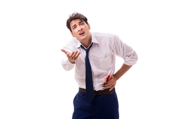 Wounded businessman with blood stains isolated on white backgrou — Stock Photo, Image