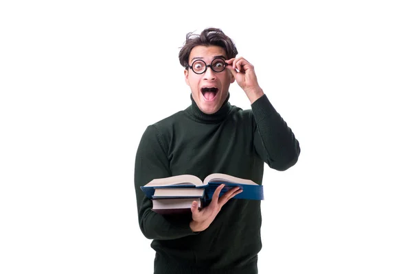 Jovem estudante nerd com livros isolados em branco — Fotografia de Stock