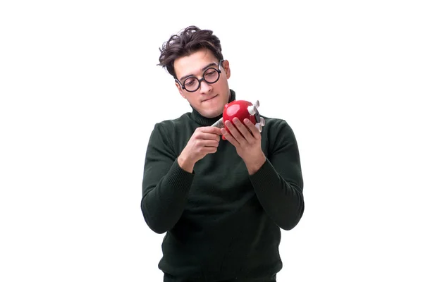 Jovem nerd com mealheiro isolado em branco — Fotografia de Stock