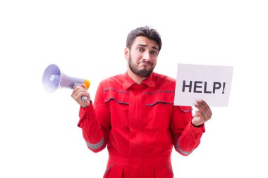 Tulumlu ve mesajı beyaz üzerine izole edilmiş bir adam.