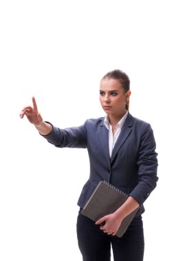 Genç işkadını beyaz üzerinde sanal düğmesine basarak