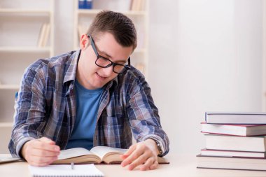 Okul sınavlarına kitaplarla hazırlanan genç bir öğrenci.