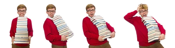 하얀 바탕에 책들이 있는 재미있는 학생 — 스톡 사진