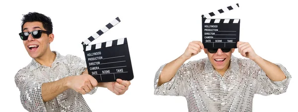 Uomo con clapperboard film isolato su bianco — Foto Stock