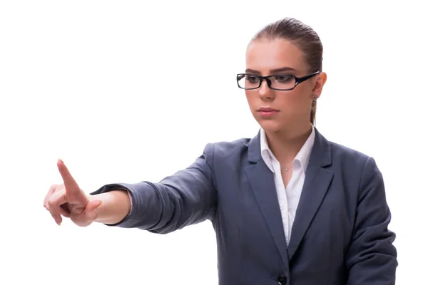 Jeune femme d'affaires appuyant sur le bouton virtuel sur blanc — Photo