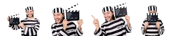 Prisionero divertido con el tablero de la película aislado en blanco —  Fotos de Stock