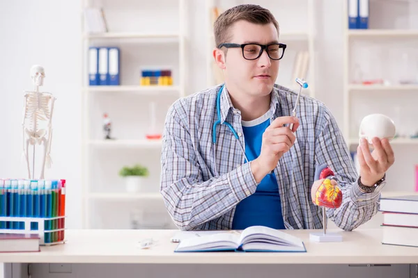 Student medycyny studiujący szkielet w klasie podczas wykładu — Zdjęcie stockowe