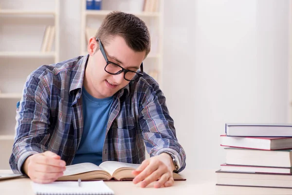 Okul sınavlarına kitaplarla hazırlanan genç bir öğrenci.