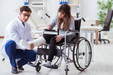 Erkek doktor tekerlekli sandalyedeki kadın hastayı muayene ediyor.